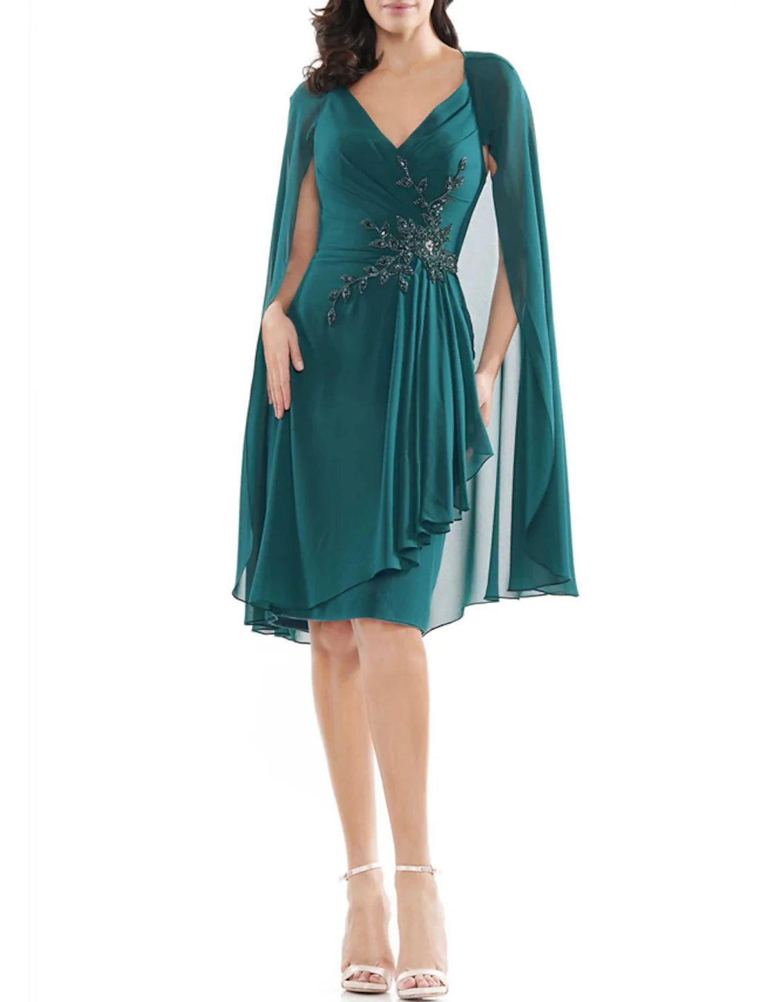 Luolandi Sheath / Column Cocktail Dresses Elegant Dress Wedding Guest Cocktail Party Knee Length Sleeveless V Neck Chiffon with Ruffles Appliques Mother of the Bride Dress