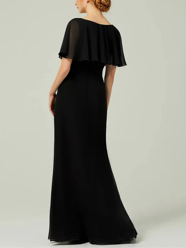 Luolandi Sheath/Column Short Sleeves V-Neck Chiffon Floor-Length Wedding Guest Dress Party Dress