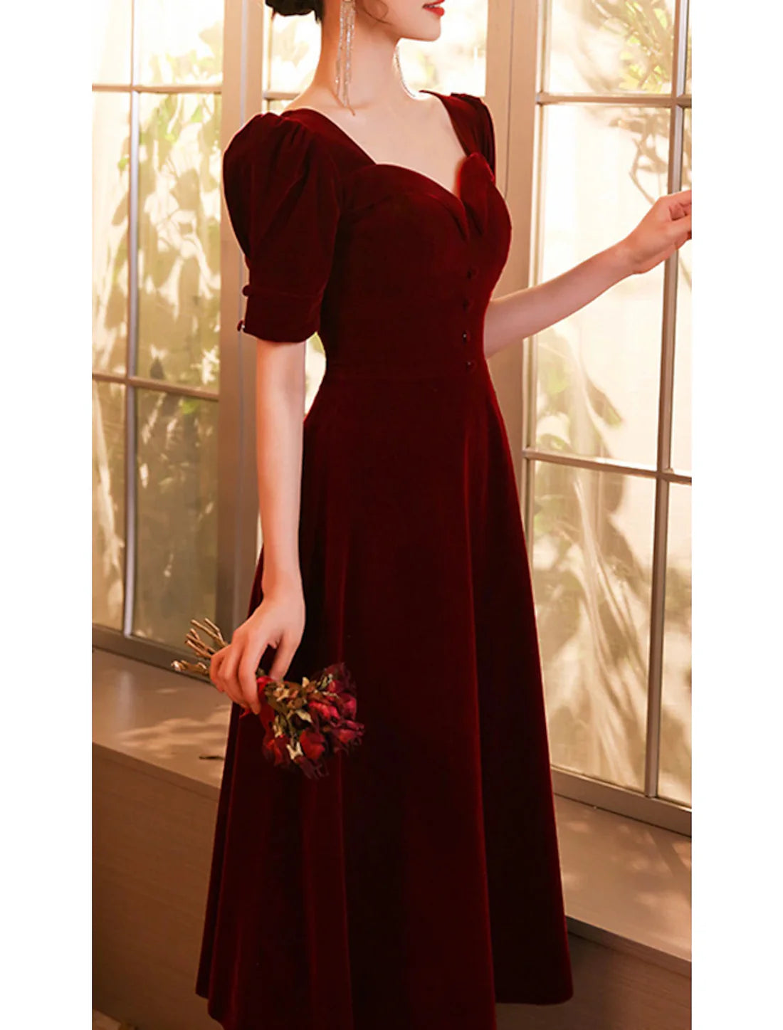 Luolandi A-Line Cocktail Dresses Elegant Dress Wedding Guest Homecoming Tea Length Half Sleeve Scoop Neck Velvet with Buttons Evening Dress
