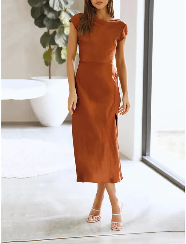 Luolandi Women's Sequin Dress Party Dress Cocktail Dress Midi Dress Black Champagne Brown Short Sleeve Plain Backless Summer Spring Fall Surplice Neck Elegant Wedding Guest Vacation