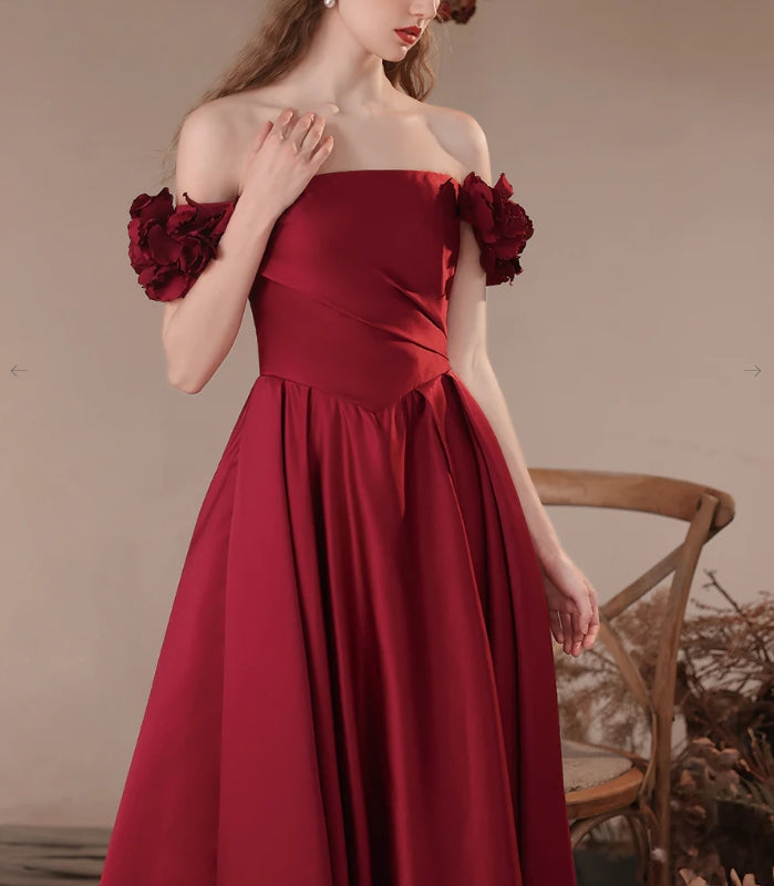 Luolandi Burgundy A-Line Off Shoulder Satin Long Prom Dress Formal Evening Dress december wedding guest dress