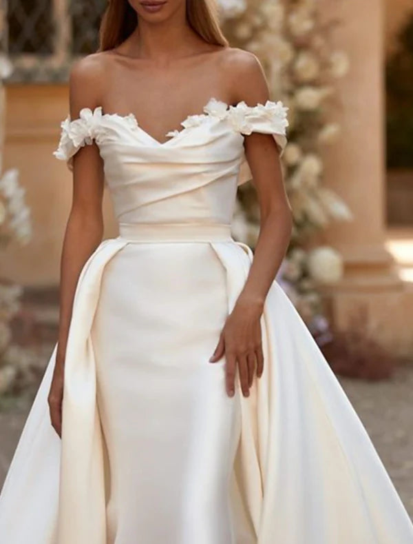 Luolandi Engagement Formal Wedding Dresses Sheath / Column Off Shoulder Cap Sleeve Court Train Satin Bridal Gowns With Ruched