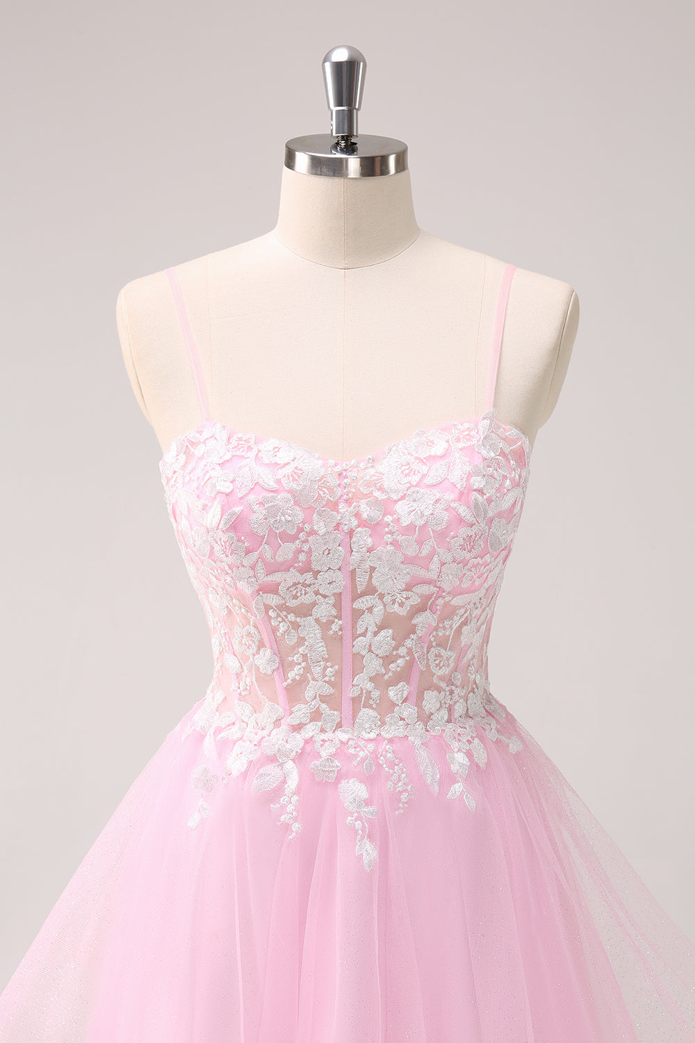 Luolandi Pink A Line Spaghetti Straps Tulle Corset Homecoming Dress with Appliques Short