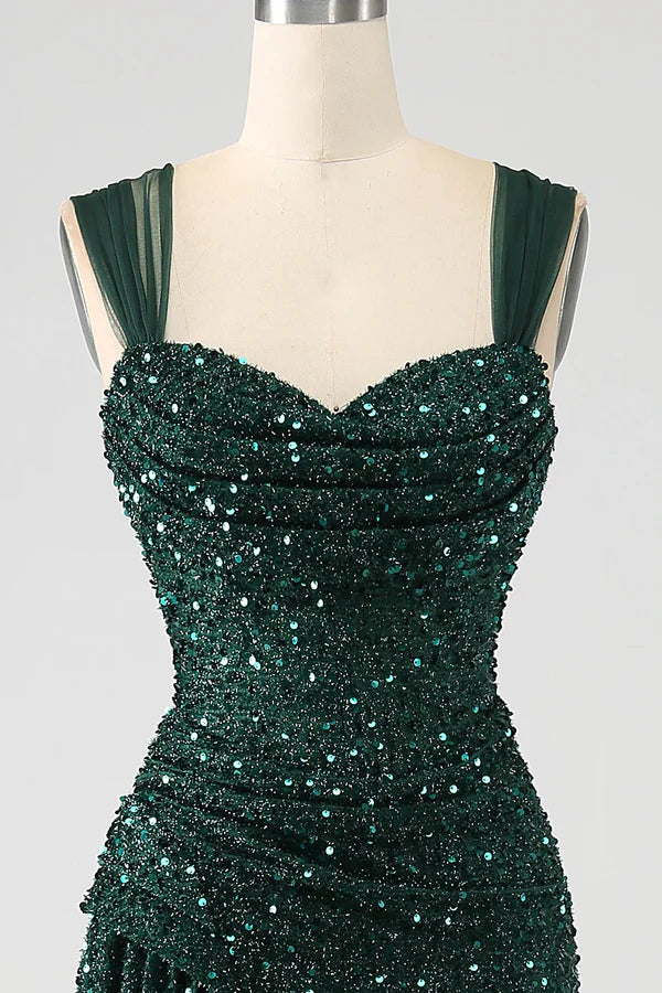 Luolandi Dark Green Sheath Sparkly Sequin Pleated Long Prom Dress With Split Evening Dress