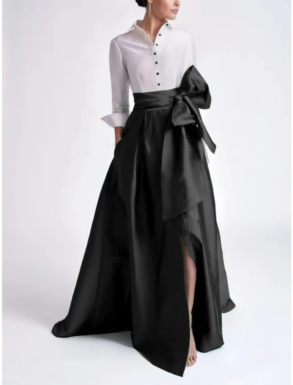 Luolandi A-Line Evening Gown Elegant Red Green Dress Formal Wedding Guest Sweep / Brush Train 3/4 Length Sleeve Shirt Collar Satin with Bow And Slit