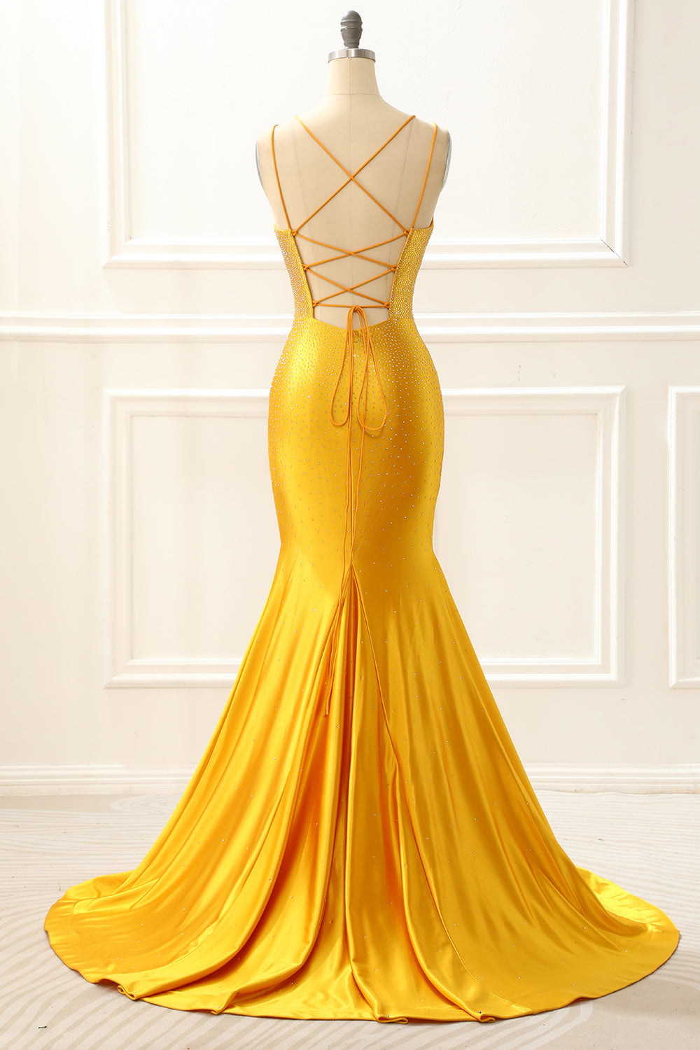 Luolandi Yellow Satin Mermaid Glitter Prom Dress With Beading Sparkly Evening Dress