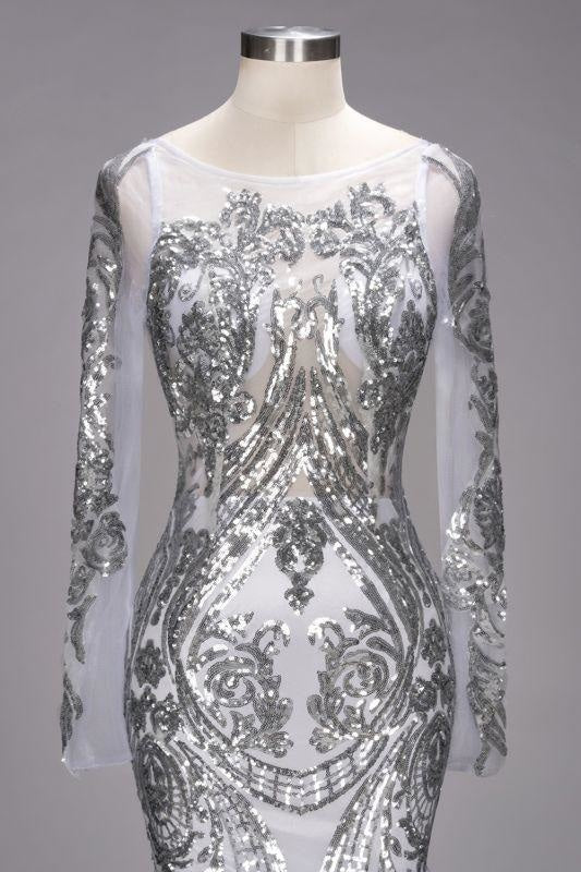 Luolandi Mermaid Long Sleeves Floor Length Sequined Tulle Prom Dresses Open Back Sparkly Evening Dress