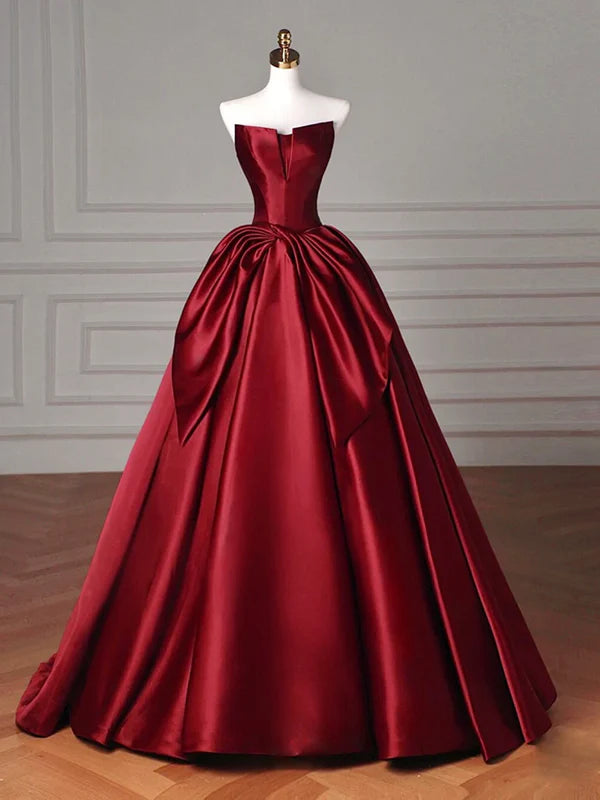 Luolandi Simple Satin Burgundy Strapless Floor-length Prom Dress Ballgown Off Shoulder Evening Dress