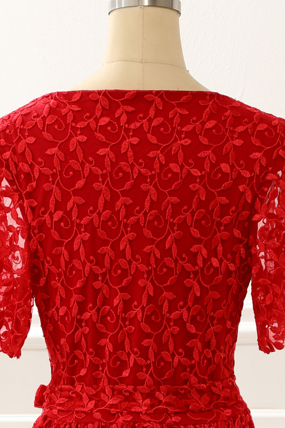 Luolandi Red V-Neck Lace Prom Dress With Slit Short Sleeve Floor Length Evening Dress