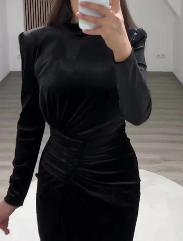 Luolandi Sheath / Column Evening Gown Elegant Dress Formal Cocktail Party Floor Length Long Sleeve High Neck Velvet with Slit Black