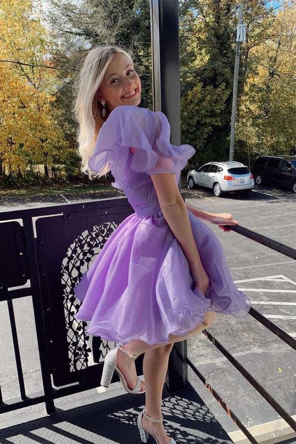 Luolandi A-line One Shoulder Organza Homecoming Dress Solid Color Short Party Dress