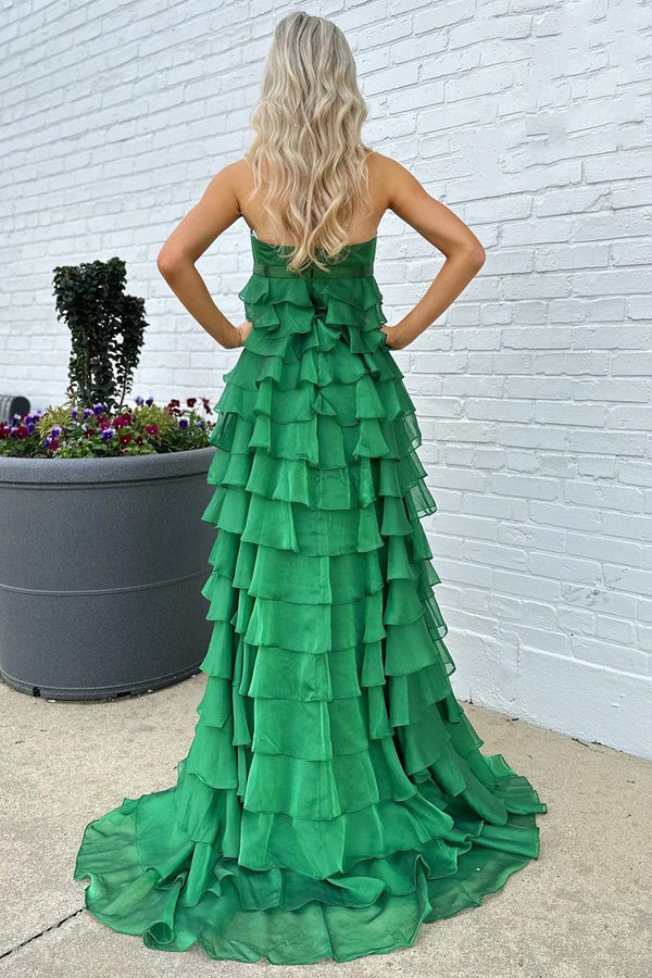 Luolandi Strapless High-Waist Ruffle Tiered Long Prom Dress with Bow Off Shoulder
