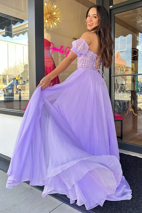 Luolandi A line Sweetheart Chiffon Prom Dress with Puff Sleeves Off Shoulder Floor Length