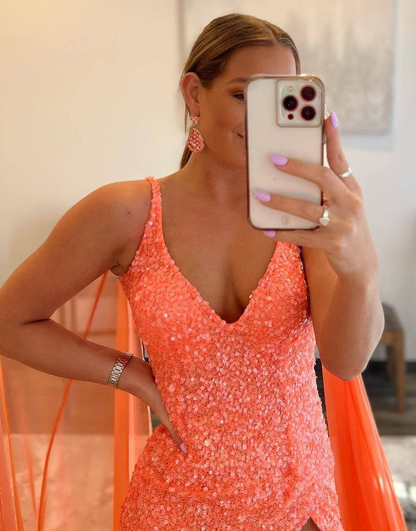 Luolandi Mermaid V Neck Sequin Prom Dress with Slit Sparkly Solid Color Sexy Evening Dress