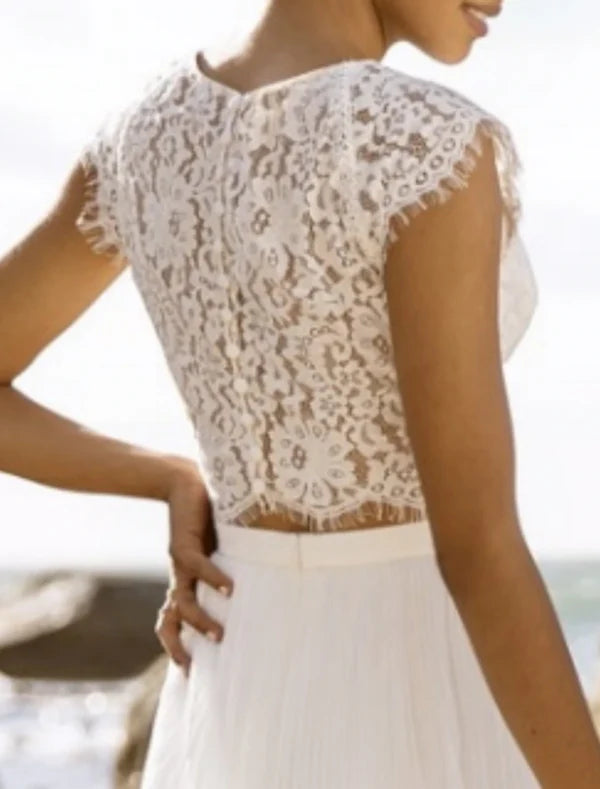 Luolandi Beach Boho Wedding Dresses Two Piece Scoop Neck Sleeveless Floor Length Chiffon Bridal Suits Bridal Gowns With Appliques