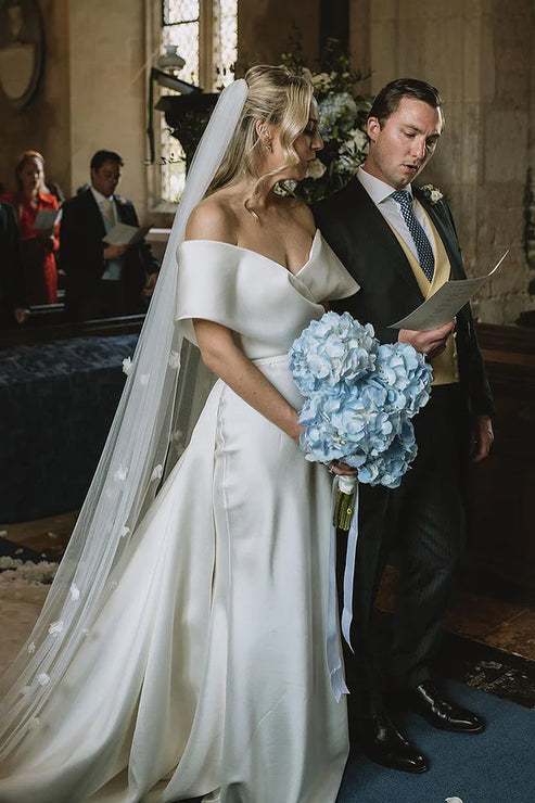 Luolandi Simple Mermaid Off the Shoulder Satin Wedding Dresses Long Sexy