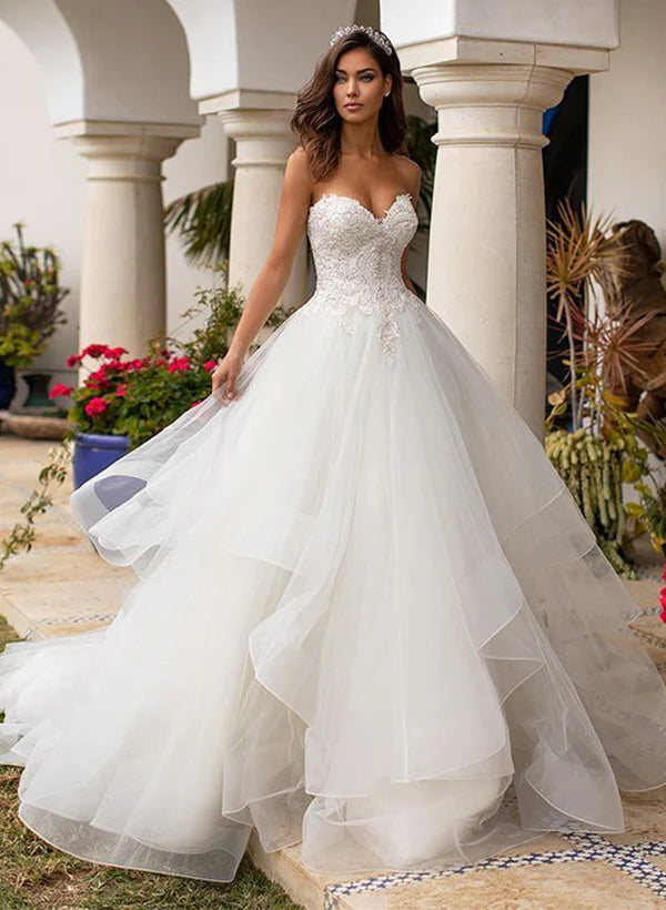 Luolandi Sweetheart Lace/Tulle Wedding Dresses With Cascading Ruffles Off Shoulder Floor Length