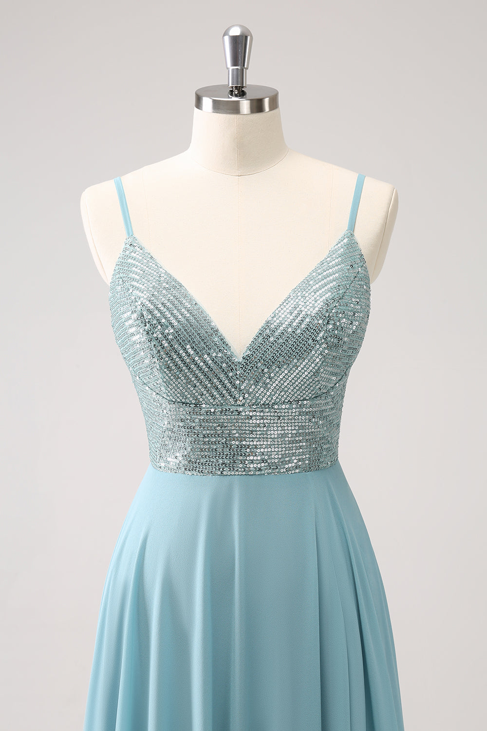 Luolandi Sparkly Spaghetti Straps Grey Green Sequined A Line Long Prom Dress With Slit Bridesmaid Dress