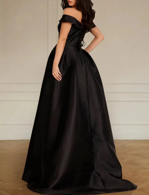 Luolandi Engagement Formal Black Wedding Dresses A-Line Off Shoulder Sleeveless Sweep / Brush Train Satin Bridal Gowns With Pleats Split Evening Dress