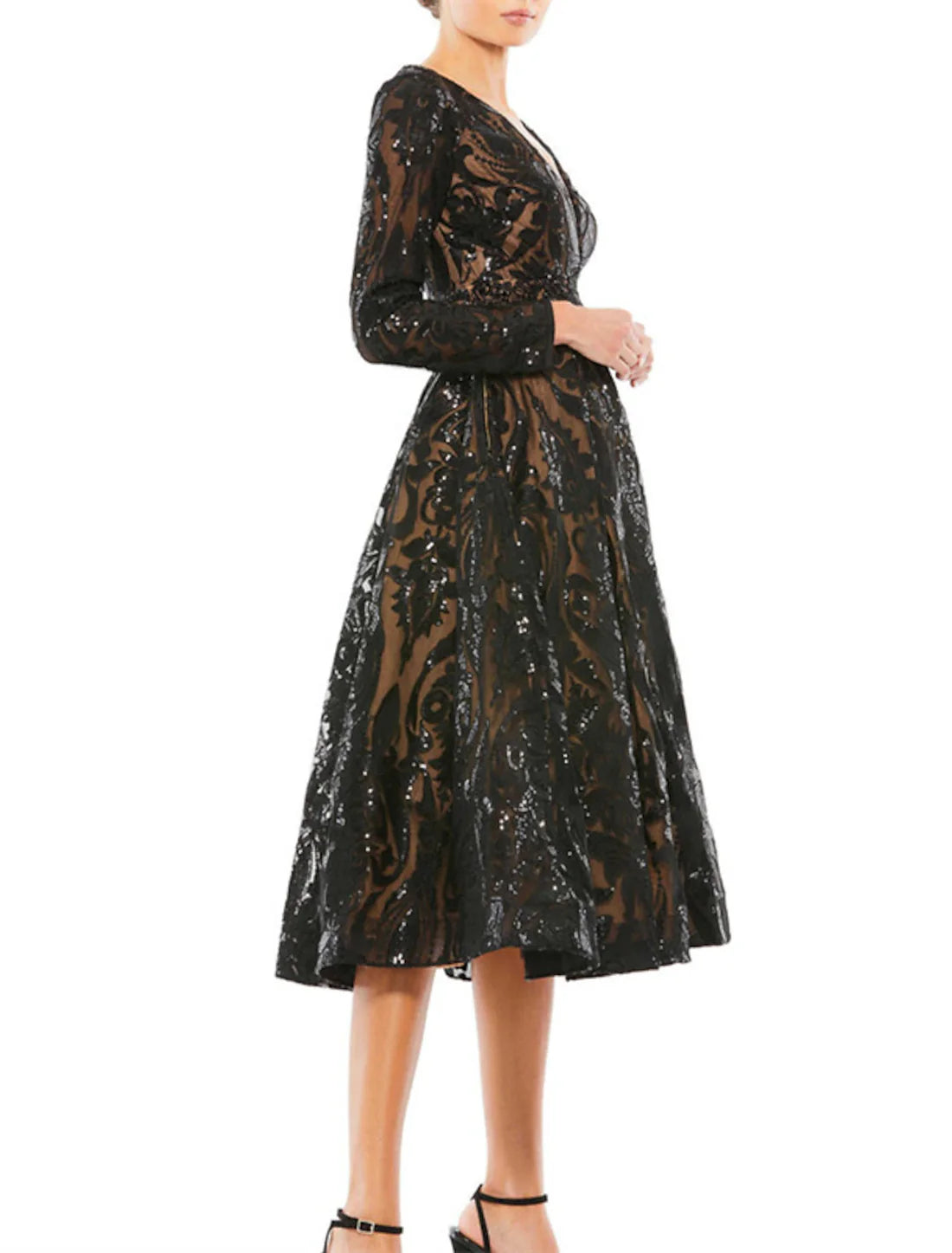 Luolandi A-Line Cocktail Dresses Party Dress Wedding Guest Wedding Party Knee Length Long Sleeve V Neck Sequined with Crystals Sequin Mother of the Bride Dress