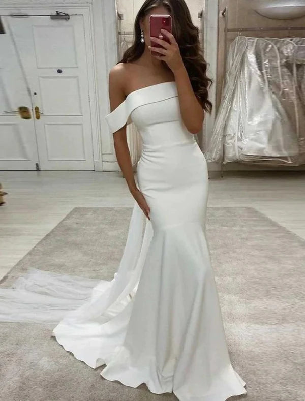 Luolandi Reception Sexy Wedding Dresses Mermaid / Trumpet Off Shoulder Cap Sleeve Sweep / Brush Train Fabric Bridal Gowns Solid Color Ivory