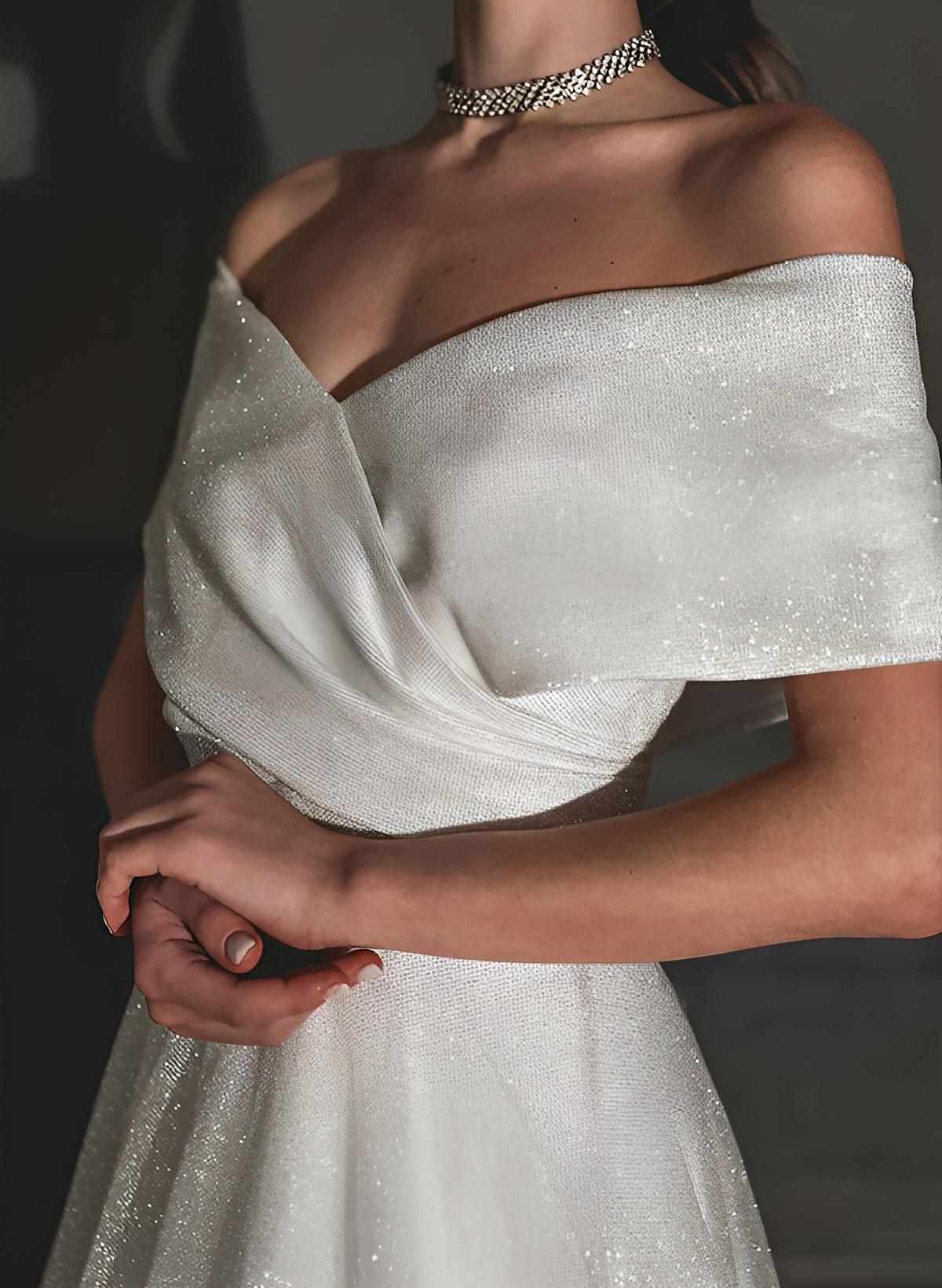 Luolandi Off-The-Shoulder Sleeveless A-Line Wedding Dress With Sweep Train And Sequin Detail Sparkly