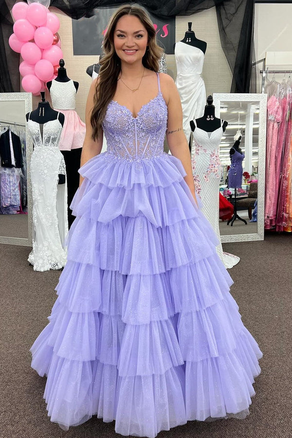 Luolandi Tiered Ruffle Appliques Corset Long Prom Dress with Spaghetti Straps Beautiful