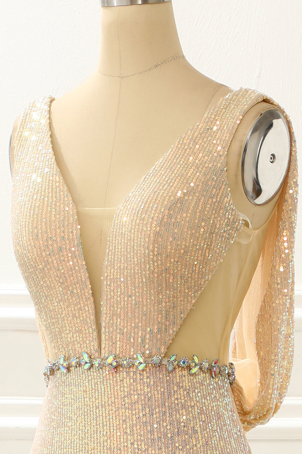 Luolandi Champagne Sequins Long Prom Dress With Slit Sparkly Evening Dress