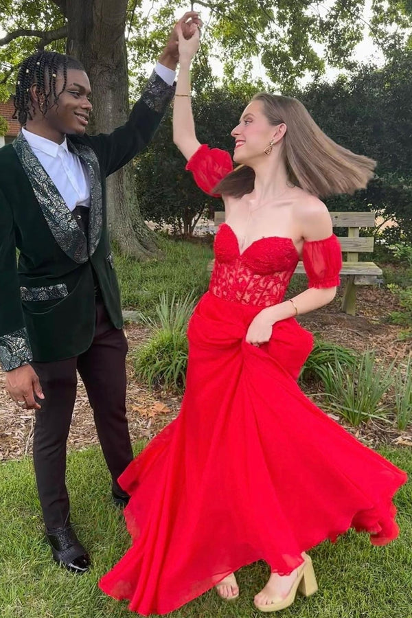 Luolandi A line Sweetheart Chiffon Prom Dress with Puff Sleeves Off Shoulder Floor Length