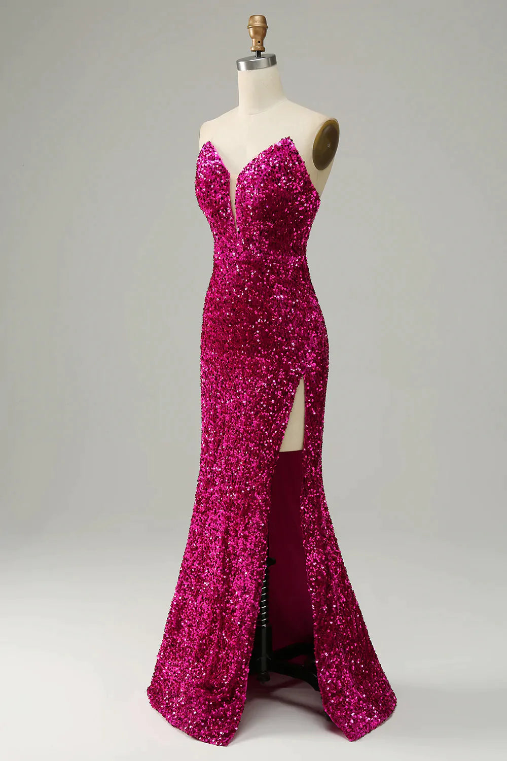 Luolandi Fuchsia Strapless Sequins Prom Dress With Slit Sparkly Sexy Evening Dress