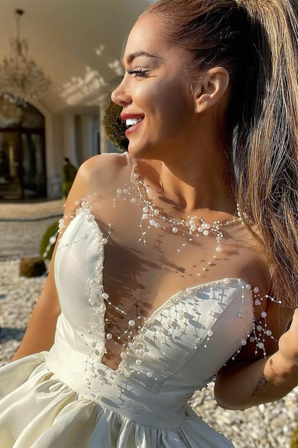 Luolandi A-Line Illusion Neck Ivory Short Homecoming Dress with Beads Sexy Wedding Dress