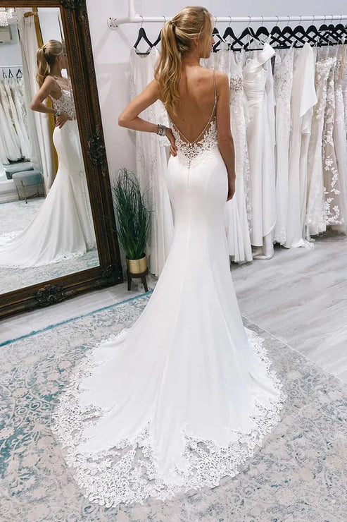 Luolandi Stunning Mermaid V Neck Satin Lace Wedding Dresses with Train Open Back