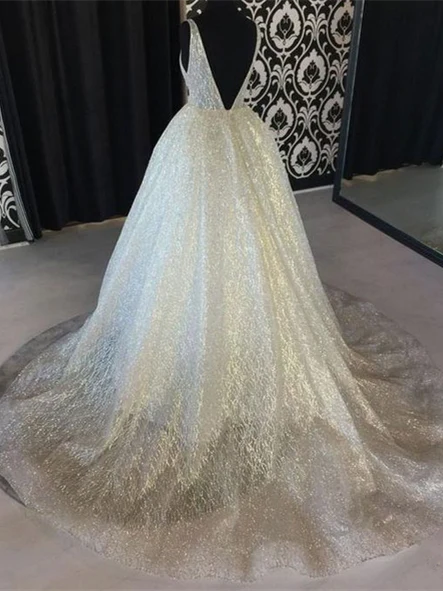 Luolandi A-line V-neck Floor-Length Tulle Wedding Dresses With Sequins Sparkly Charming