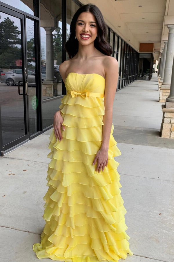 Luolandi Strapless High-Waist Ruffle Tiered Long Prom Dress with Bow Off Shoulder