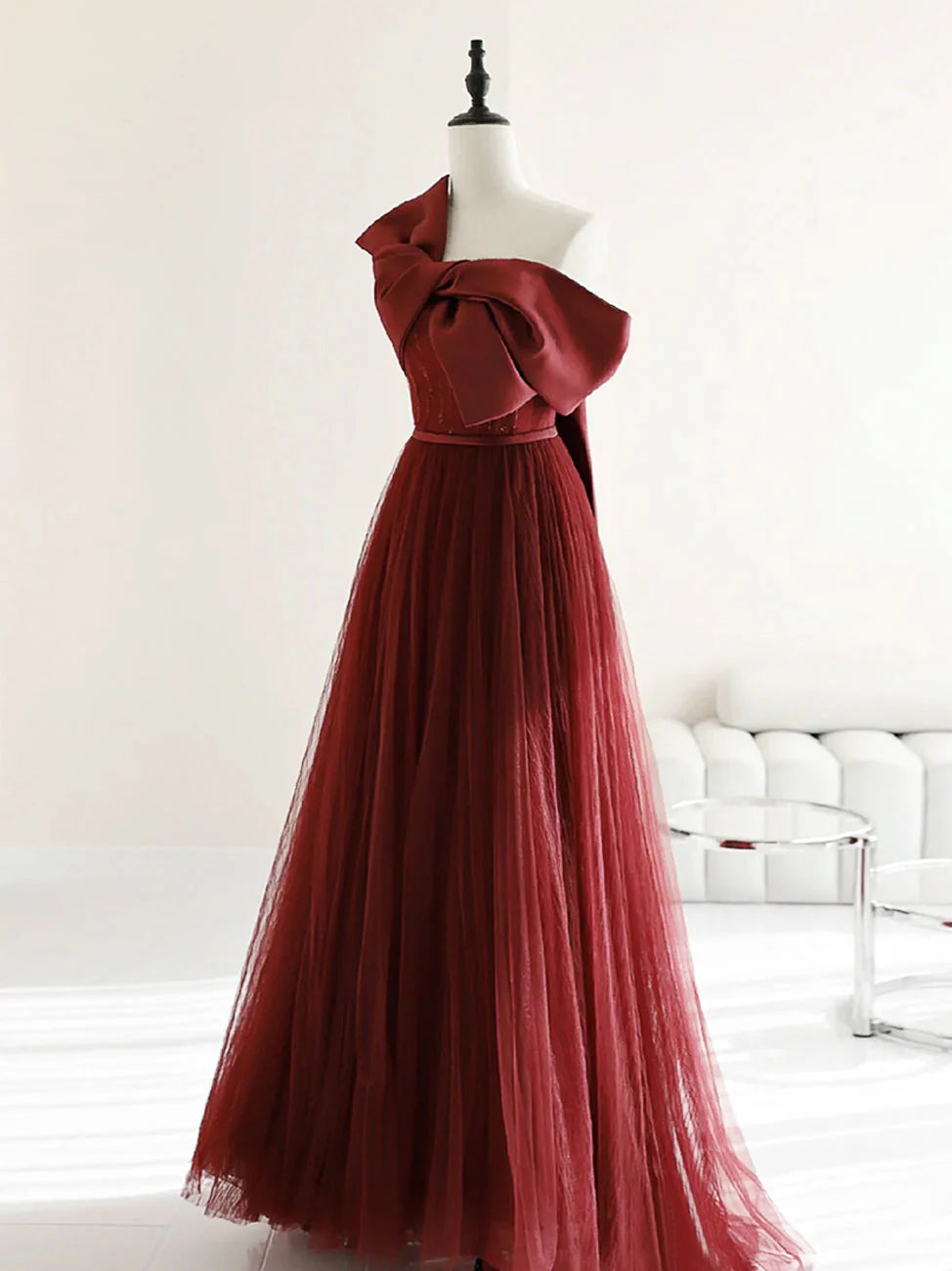 Luolandi A-Line Tulle Burgundy Long Prom Dresses Formal Evening Dresses december wedding guest dress