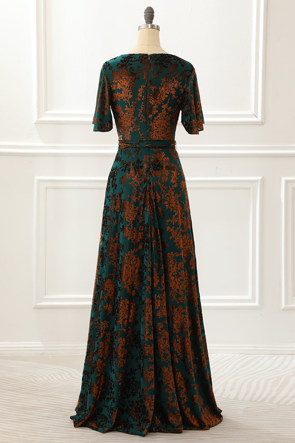 Luolandi Burnout Velvet Prom Dress Short Sleeve Floor Length Mother of the Bride Dress