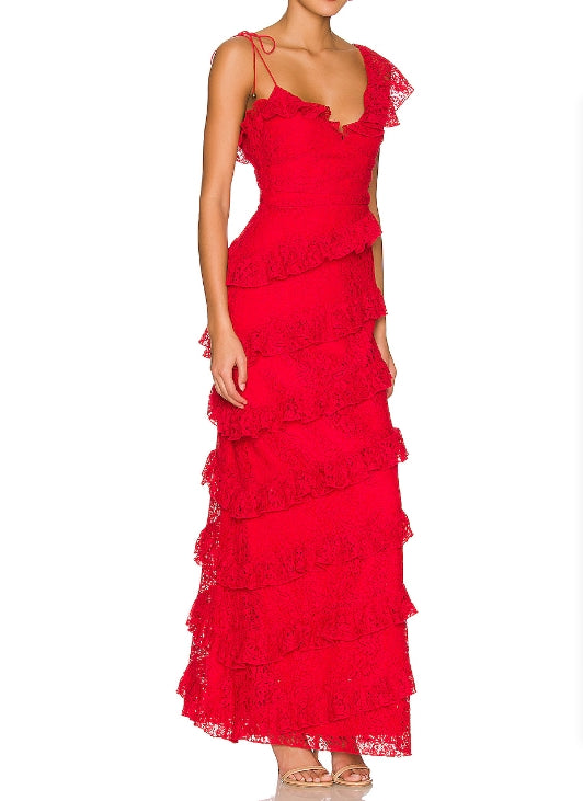 Luolandi Red Lace Long Prom Dress Tiered Evening Dresses Graduation Gown With Slit