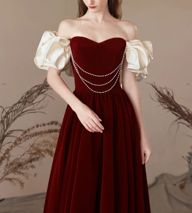Luolandi A-Line Sweetheart Neck Velvet Burgundy Long Prom Dress Evening Dress Off Shoulder Elegant