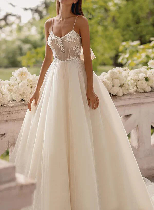 Luolandi A-Line Princess V Neck Tulle Lace Sweep Train Wedding Dresses With Appliques Lace And Bow(s)
