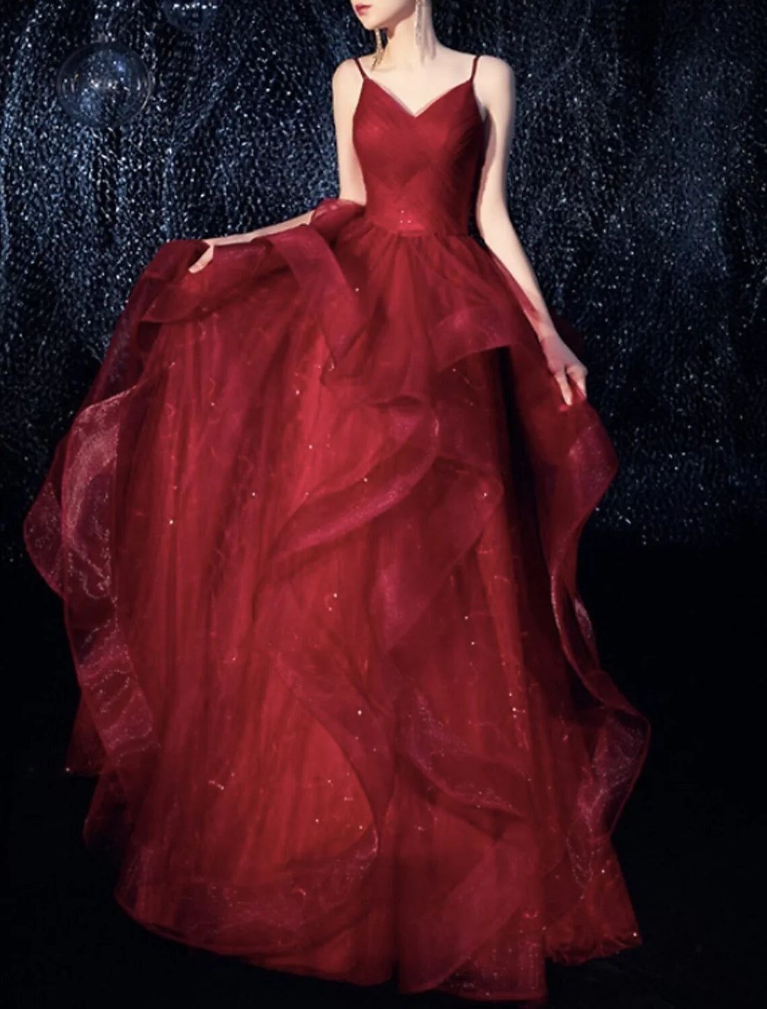 Luolandi A-Line Sparkle Elegant Sparkle & Shine Engagement Formal Evening Dress Spaghetti Strap Sleeveless Floor Length Tulle with Tier Prom Dress