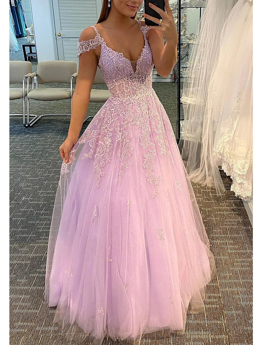 Luolandi A-Line Prom Dresses Empire Dress Formal Wedding Guest Floor Length Sleeveless V Neck Tulle Backless with Pleats Appliques Lilac