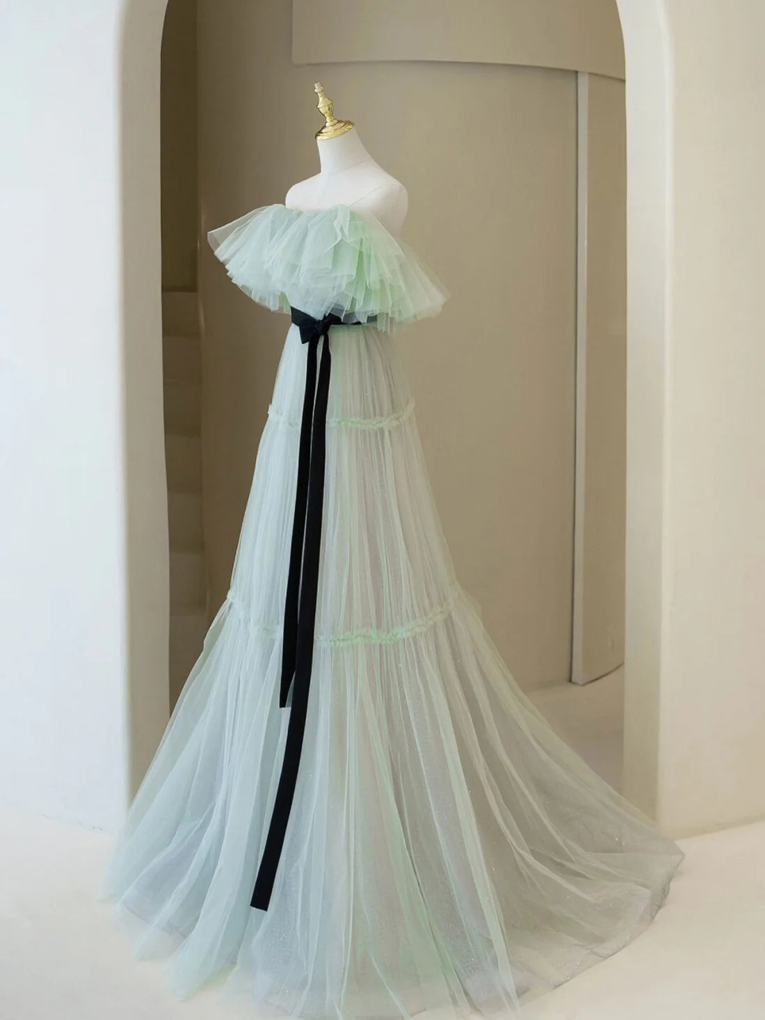 Luolandi Green A line tulle long prom dress formal dress Off Shoulder Floor Length Simple december wedding guest dress