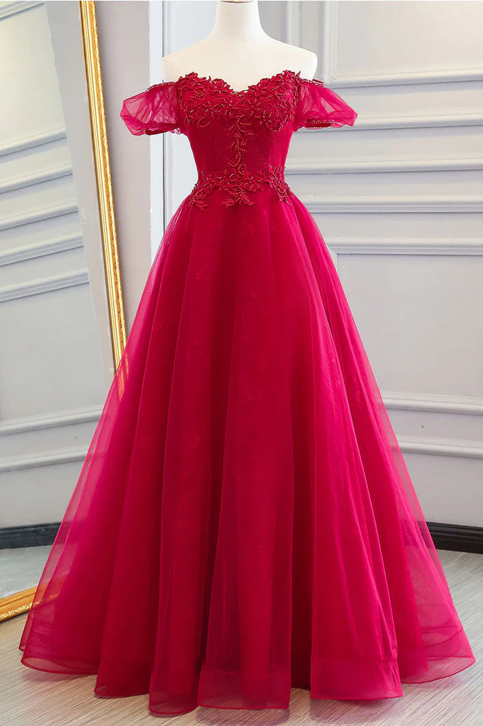 Luolandi Red tulle long prom dress lace evening dress A Line Off Shoulder Formal Dress december wedding guest dress