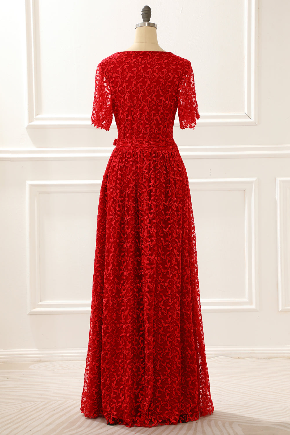 Luolandi Red V-Neck Lace Prom Dress With Slit Short Sleeve Floor Length Evening Dress