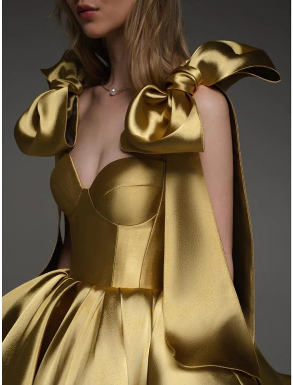 Luolandi A-Line Homecoming Dresses Party Dress Birthday Fall Short / Mini Sleeveless Square Neck Satin with Bow(s) Pleats Gold