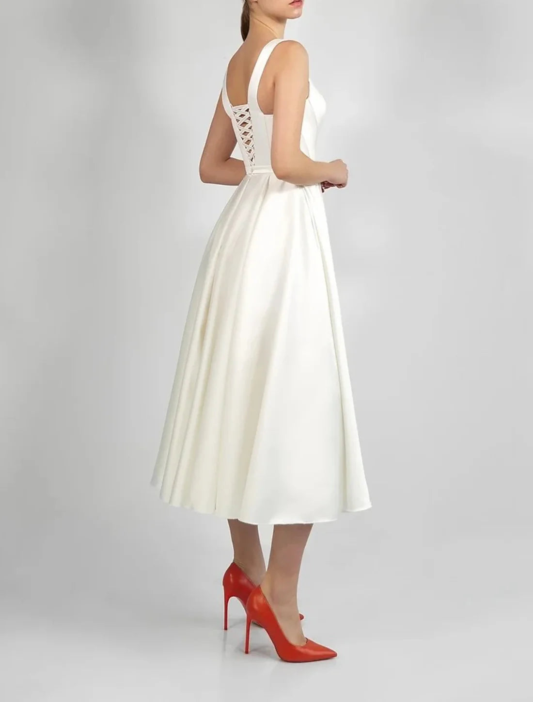 Luolandi Hall Little Dresses Wedding Dresses A-Line Scoop Neck Sleeveless Tea Length Satin Bridal Gowns With Pleats