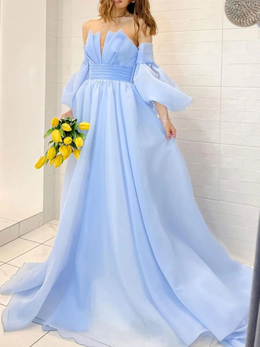 Luolandi Aline Organza blue long prom dress puff sleeves blue long formal party dress Off Shoulder Elegant Evening Dress