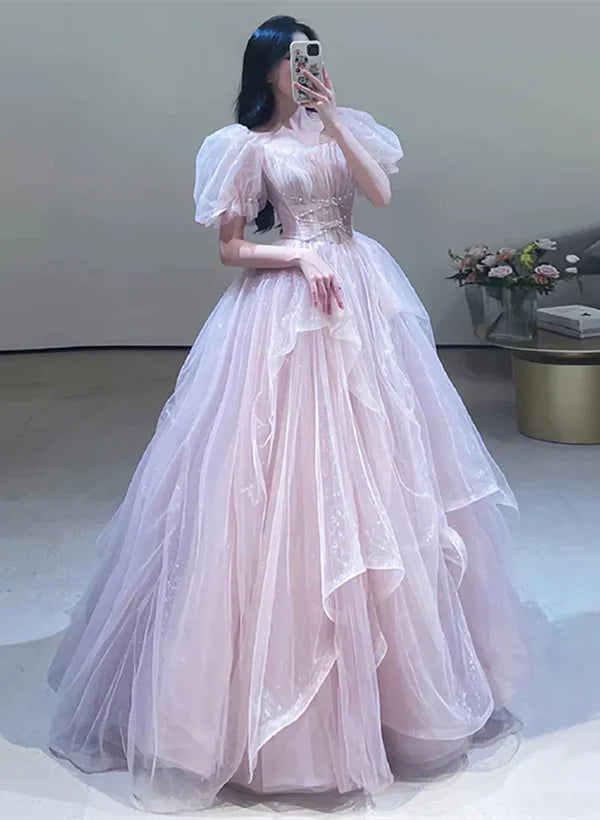 Luolandi A-Line Princess Pink Off Shoulder Tulle Beaded Sweetheart Bubble Sleeved Ballgown Evening Dress Prom Dress Floor Length