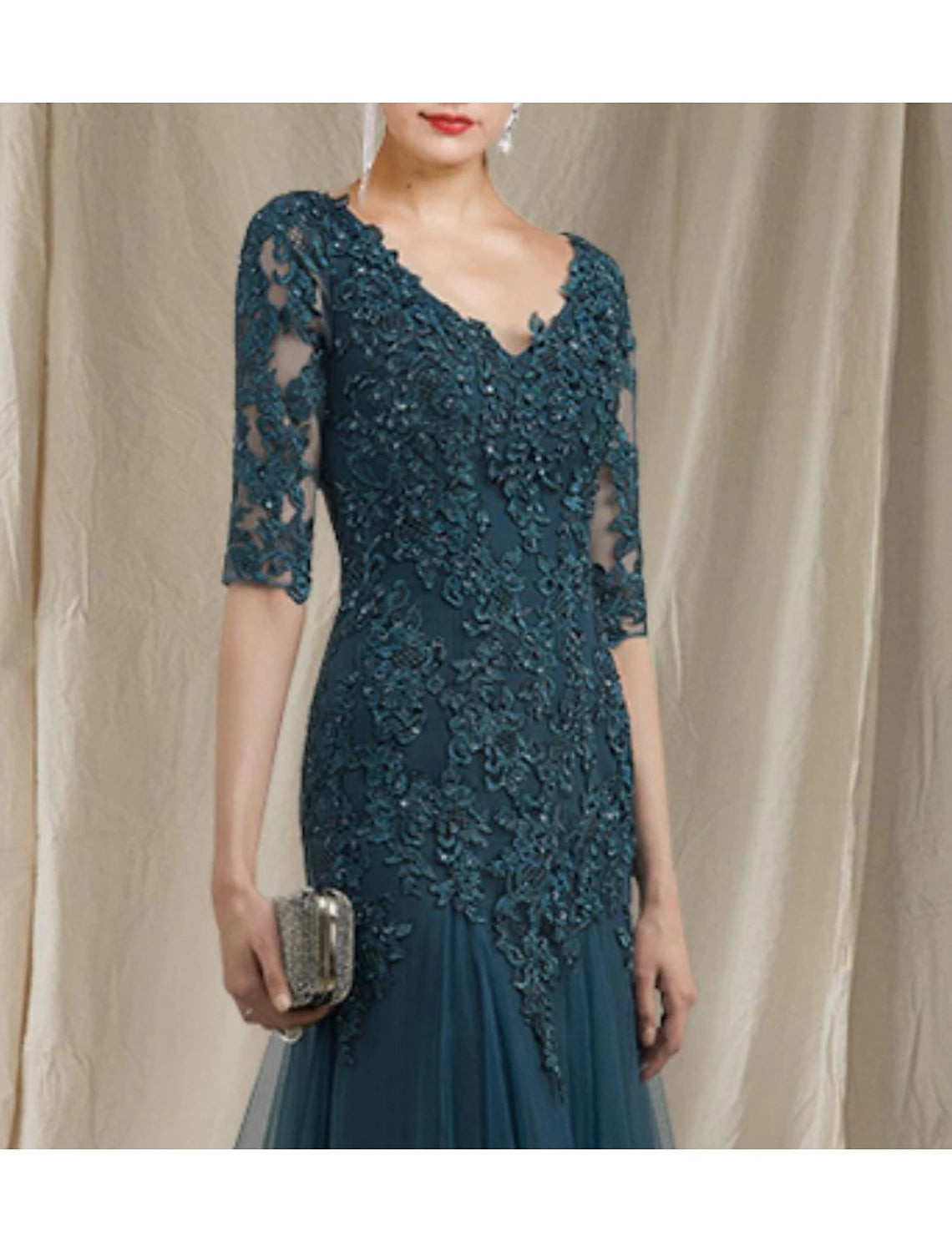 Luolandi A-Line Mother of the Bride Dress Elegant V Neck Sweep / Brush Train Lace Tulle Half Sleeve