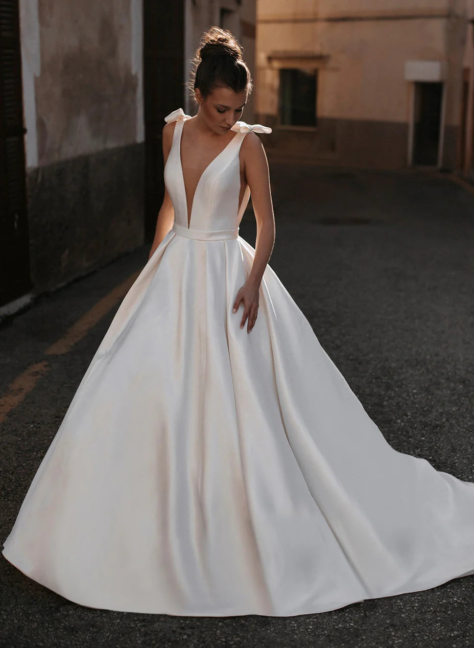 Luolandi Sleek Ball-Gown Satin V-Neck Bridal Gowns Open Back Simple Wedding Dress With Bow(s)